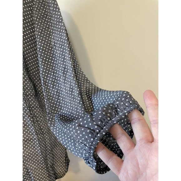 Womens Plus 2X Boho Career Casual Grey Polk Dot Bell Sleeve Lace Up Neck Blouse - Picture 7 of 13